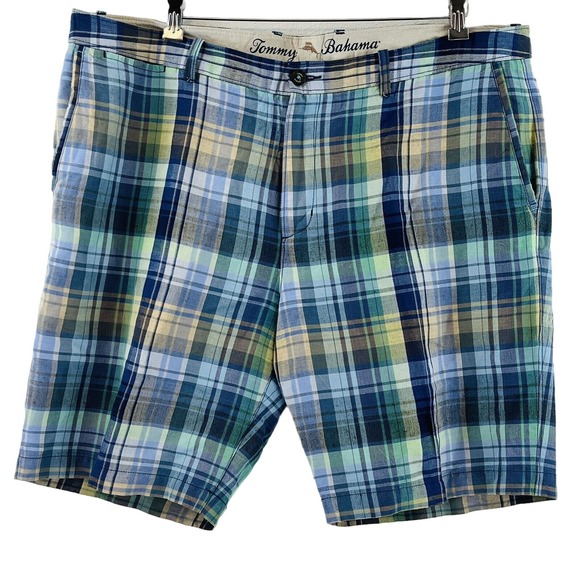 Mens 40 Tommy Bahama Linen‎ Blend Bermuda Shorts Blue Green Plaid 9" Inseam Golf - Picture 1 of 9